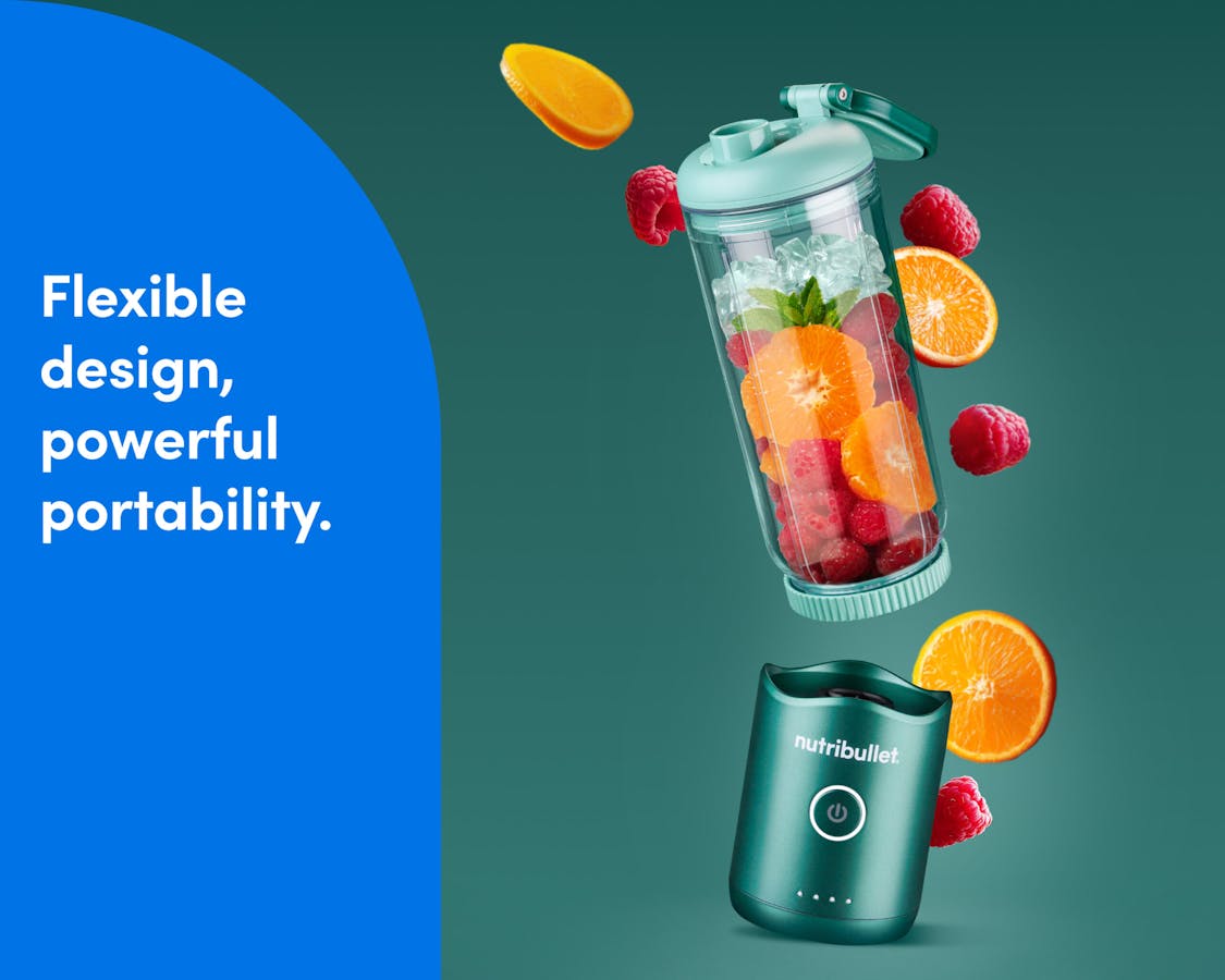 The nutribullet Flex is shown with the motor base detached from the cup in an active composition on an orange background, surrounded by a festive spray of flying fruits.