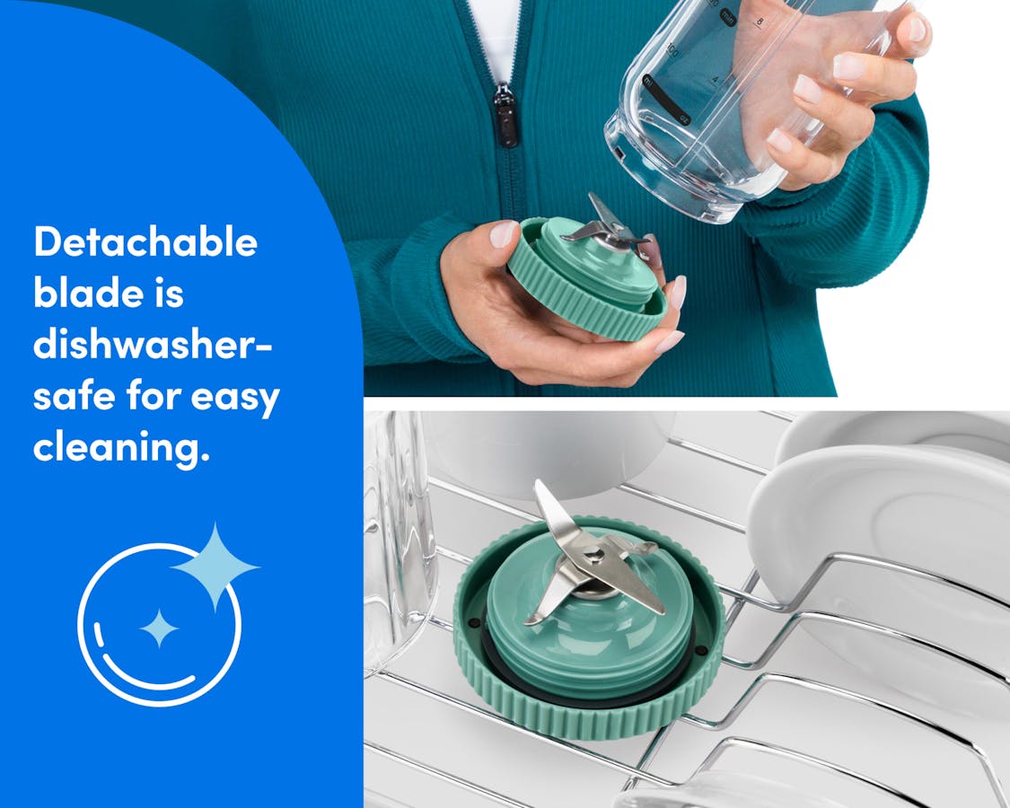 A woman's hands are shown detaching the blade from the base of the blending cup. A separate frame below shows the blade in a dishwasher rack.