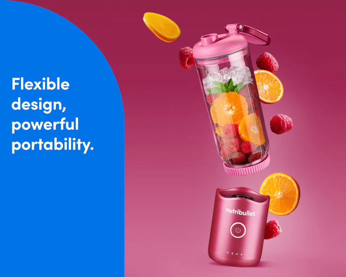 The nutribullet Flex is shown with the motor base detached from the cup in an active composition on an orange background, surrounded by a festive spray of flying fruits.