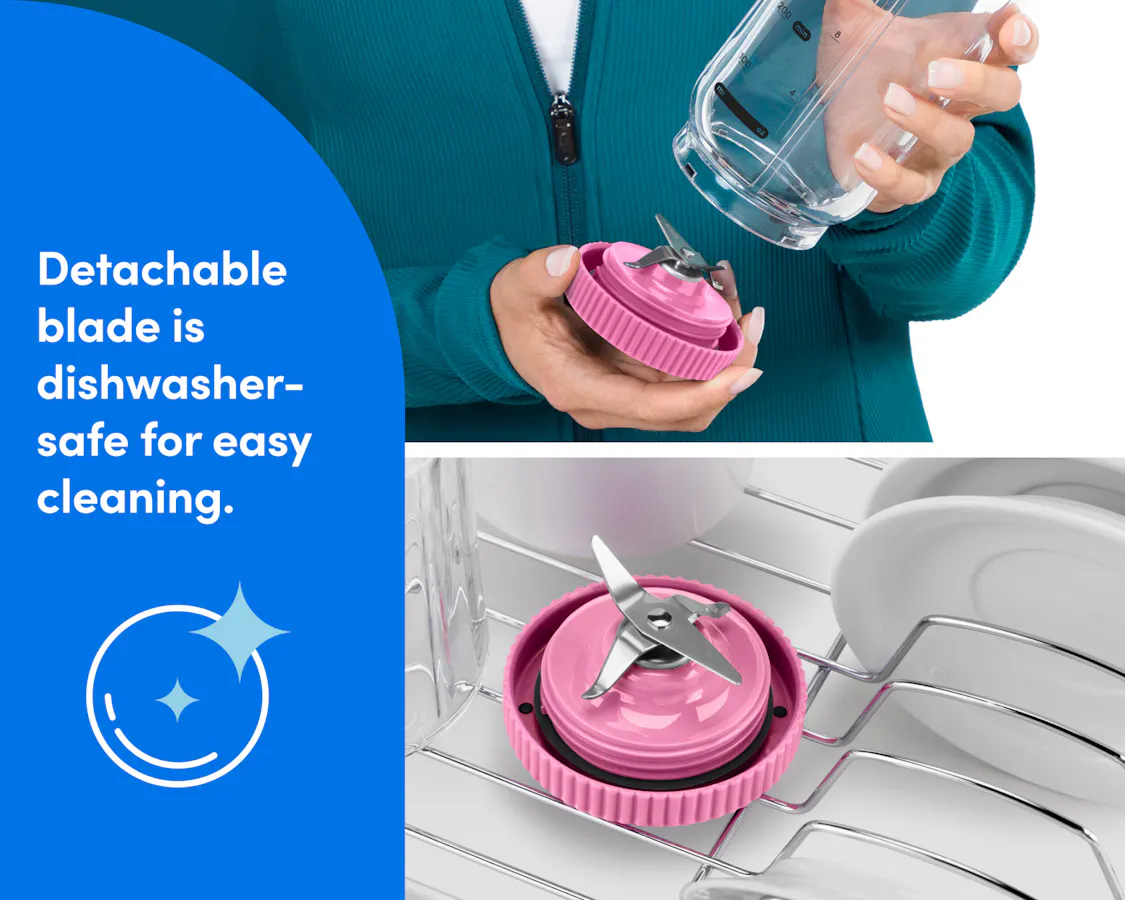 A woman's hands are shown detaching the blade from the base of the blending cup. A separate frame below shows the blade in a dishwasher rack.