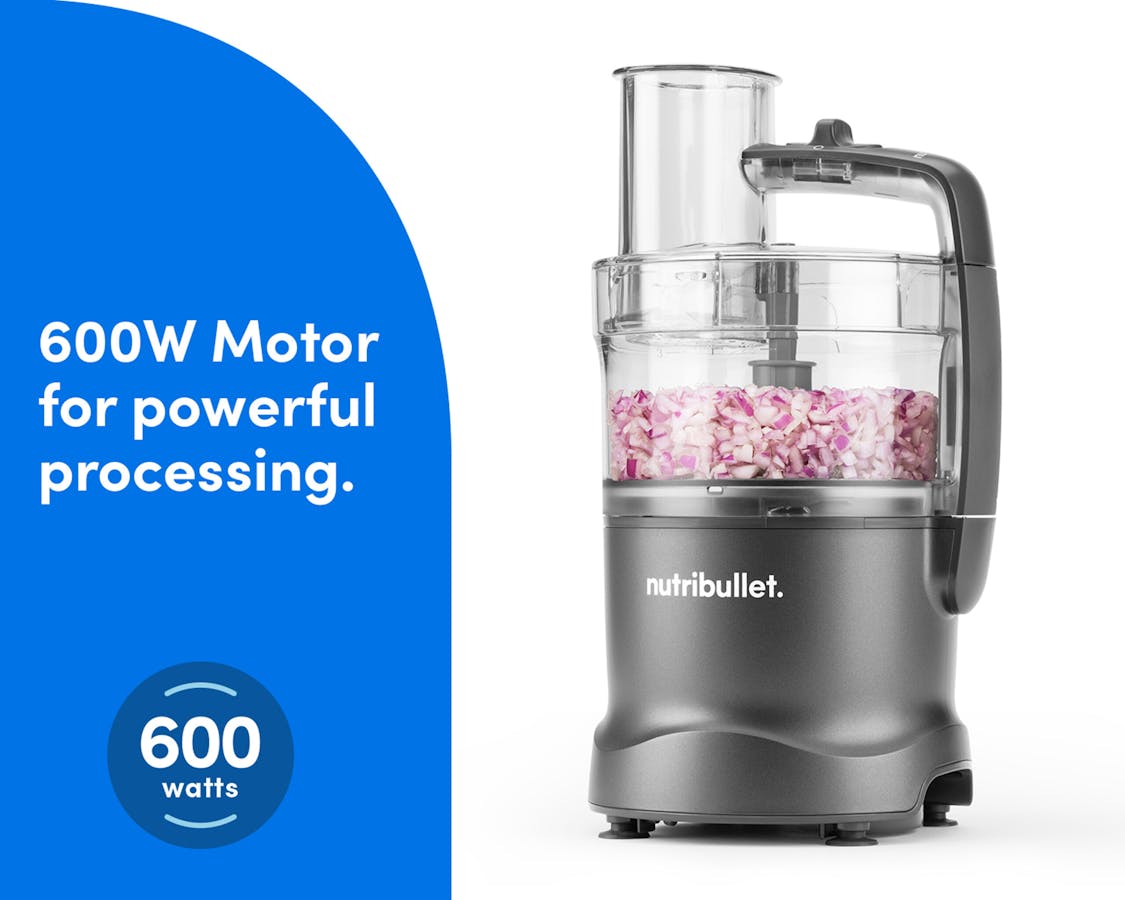 The Gunmetal nutribullet Limitless Food Processor chopping red onions, emphasizing its powerful 600-watt motor.