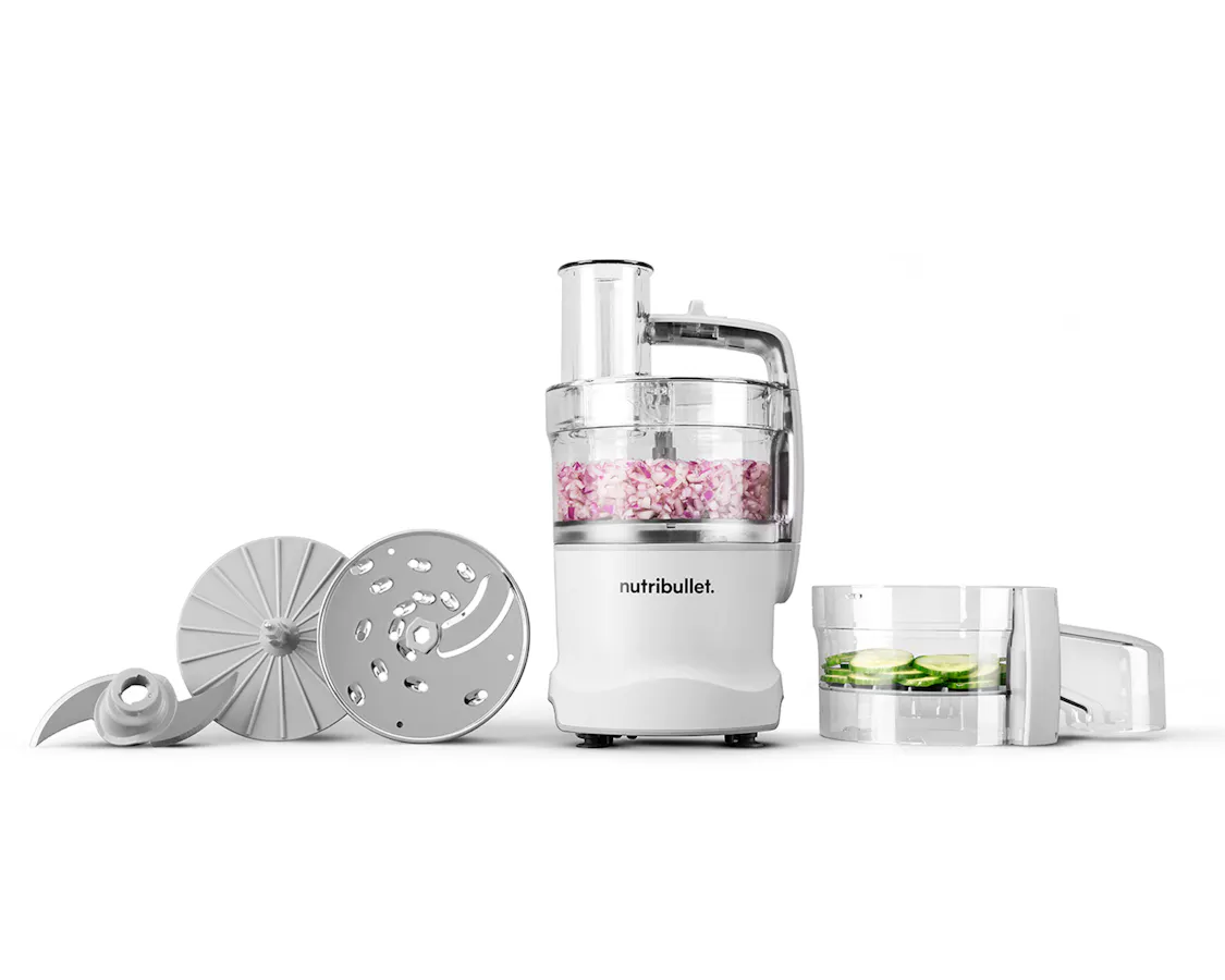The nutribullet Limitless Food Processor displayed with its slicing disc, chopping blade, and feed chute components.
