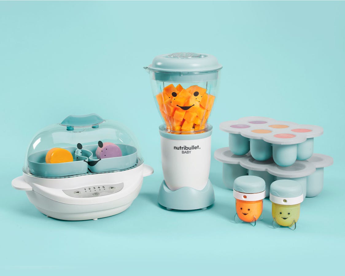 nutribullet Baby Blender, Baby Steamer and cups on blue background