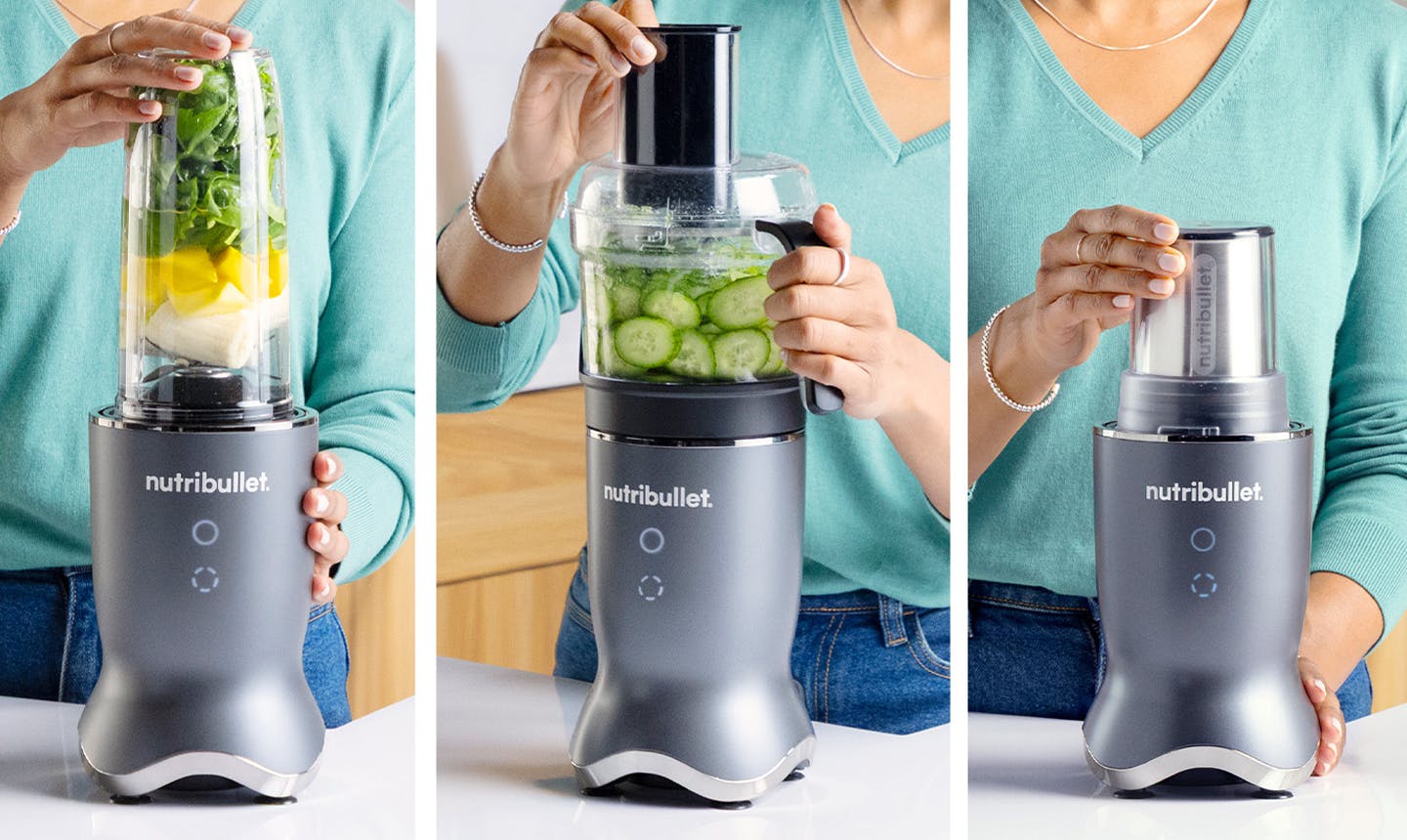 Woman using the Nutribullet Ultra Plus multifunction blender in three modes: blender, food processor, and grinder.