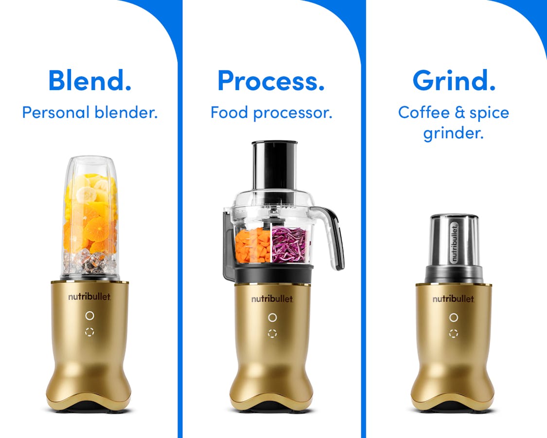 The nutribullet Ultra Plus in three presentations, as a personal blender, as a food processor and as grinder. Text on the image reads: Blend. Personal blender. Process. Food processor. Grind. Coffee & spice grinder.