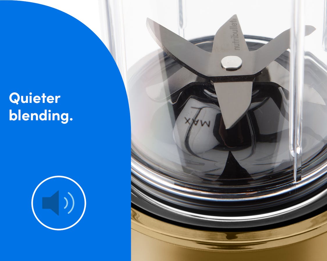Close-up of blender base blades with text and speaker icon on a blue background as reference to quieter blending. Text on the image reads: Quieter blending.