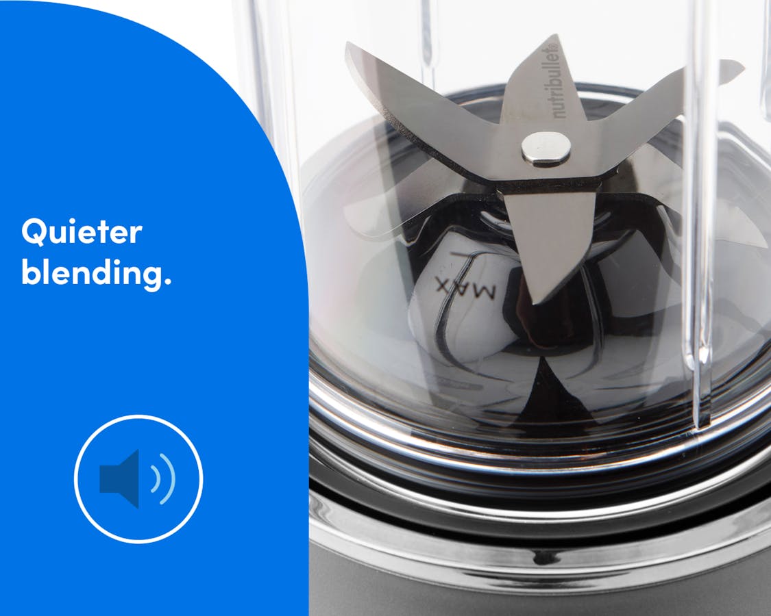 Close-up of blender base blades with text and speaker icon on a blue background as reference to quieter blending. Text on the image reads: Quieter blending.