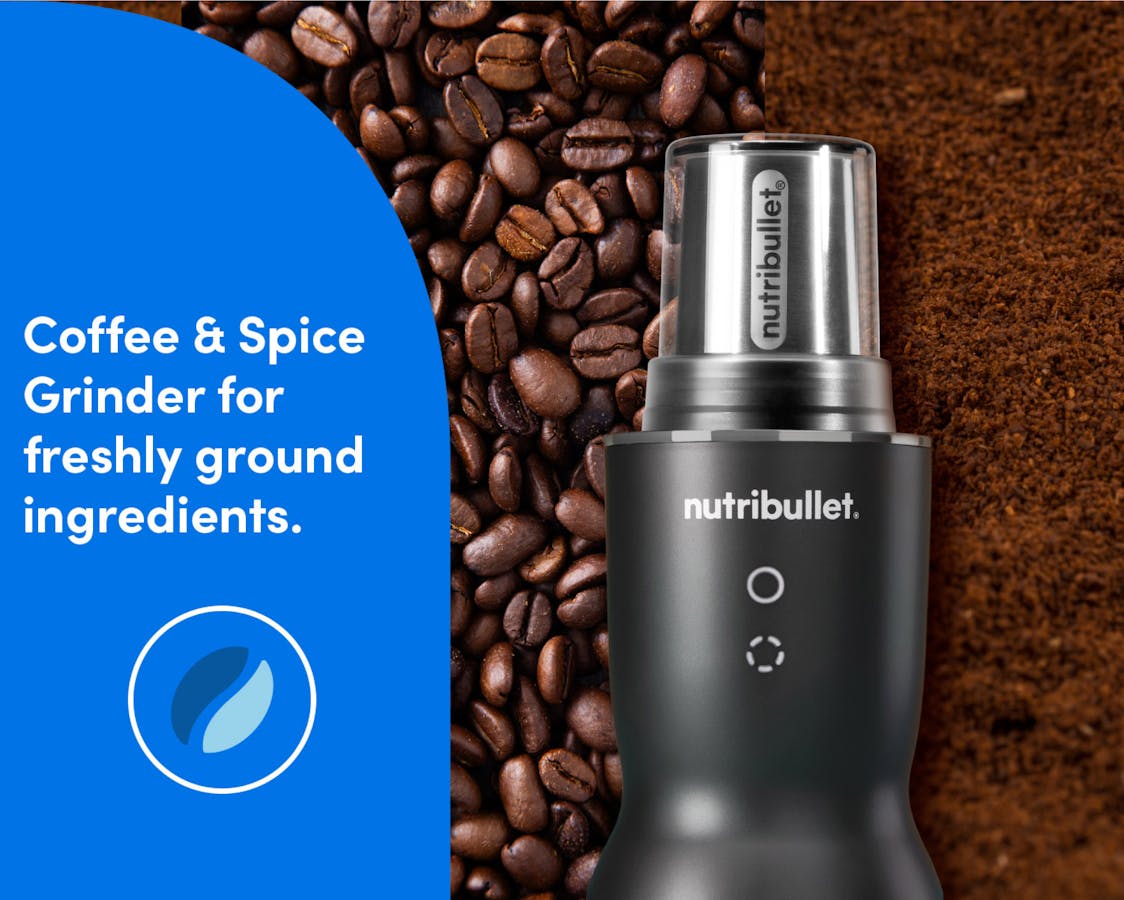 The nutribullet Ultra Plus grinder beside coffee beans and ground coffee, with text on a blue background. Text on the image reads: Coffee & Spice Grinder for freshly ground ingredients.