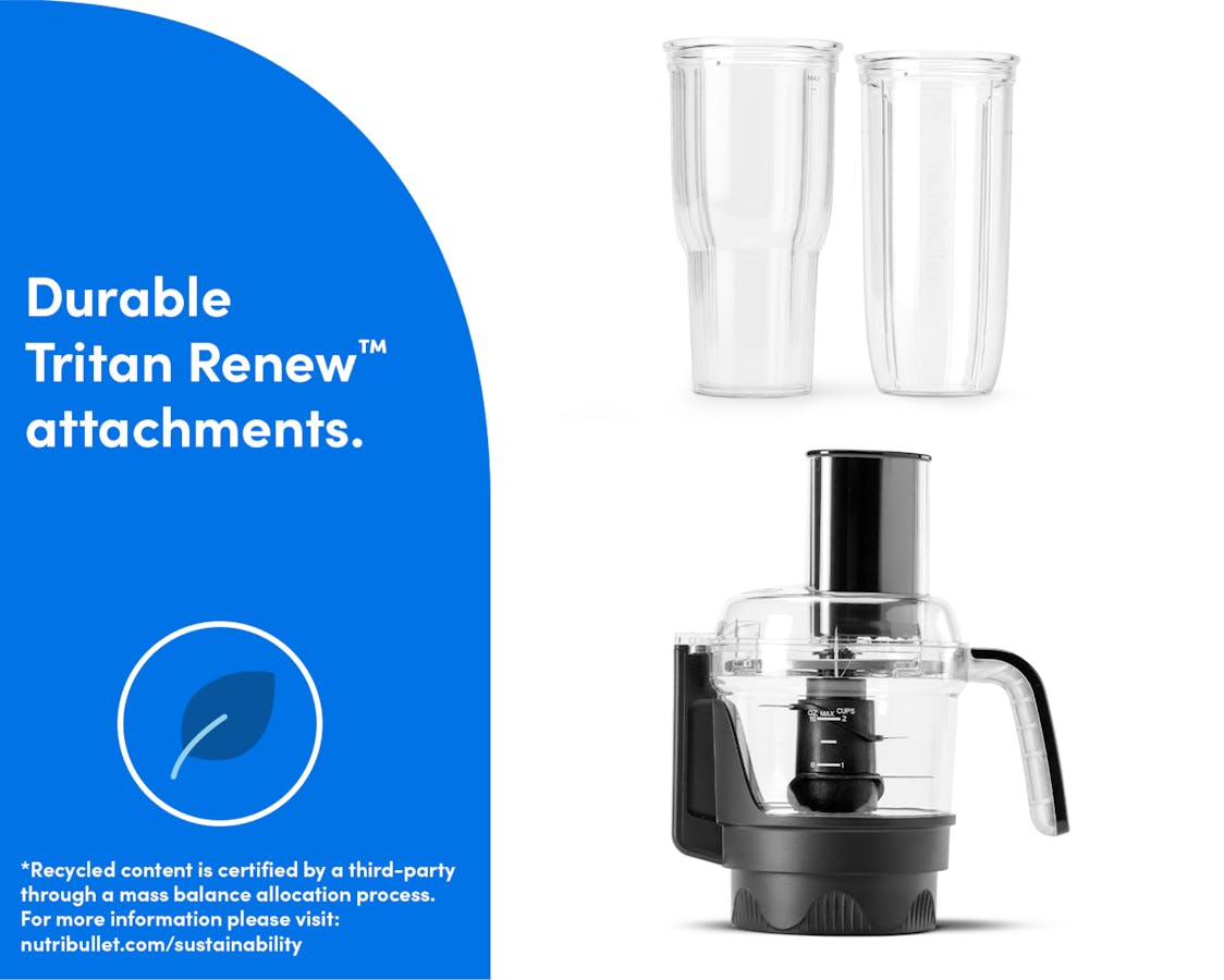 nutribullet Ultra Plus attachments and vessels next to text on a blue background. Text on the image reads: Durable Tritan Renew™ attachments.