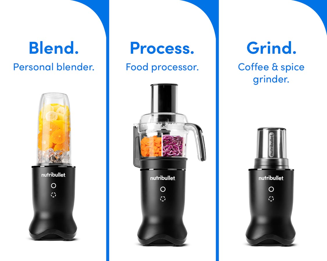 The nutribullet Ultra Plus in three presentations, as a personal blender, as a food processor and as grinder. Text on the image reads: Blend. Personal blender. Process. Food processor. Grind. Coffee & spice grinder.
