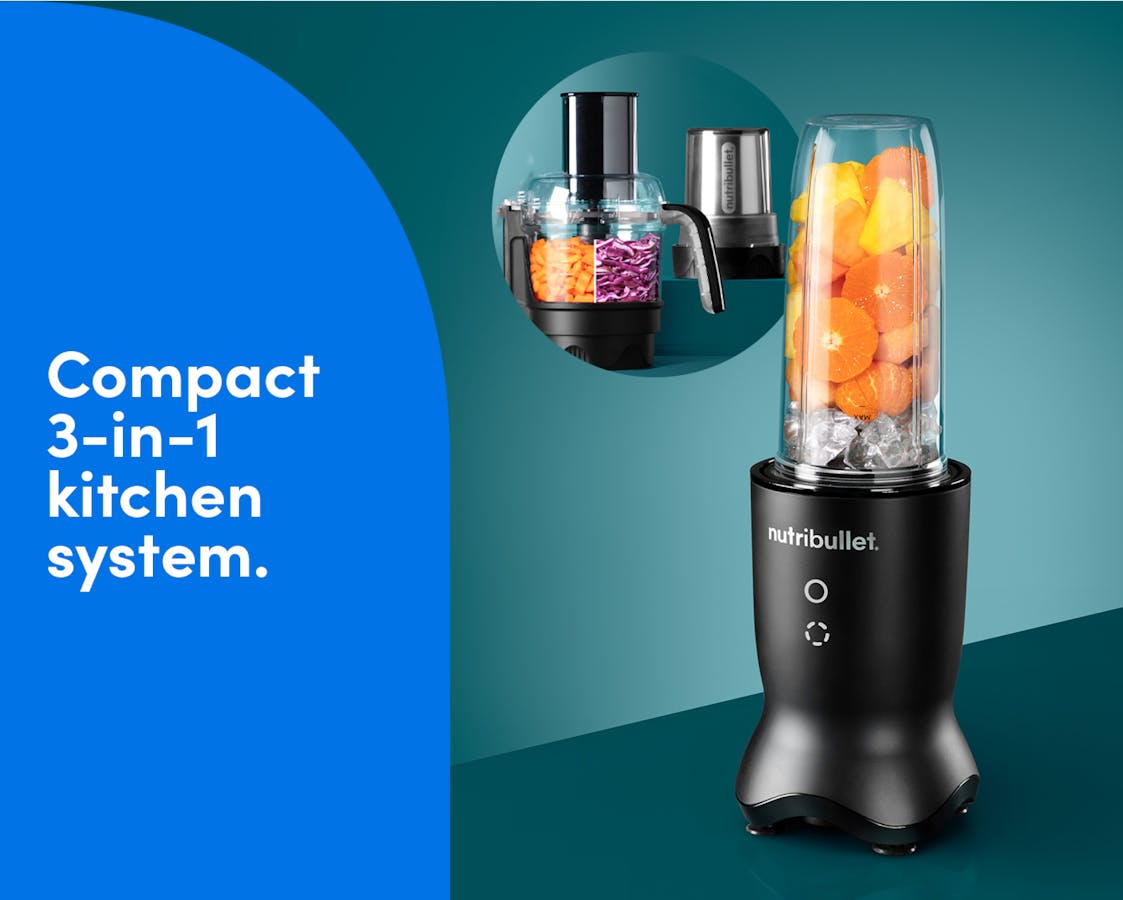 The nutribullet Ultra Plus 3-in-1 kitchen system with blender and food processor attachments on a teal background. Text on the image reads: Compact 3-in-1 kitcken system.