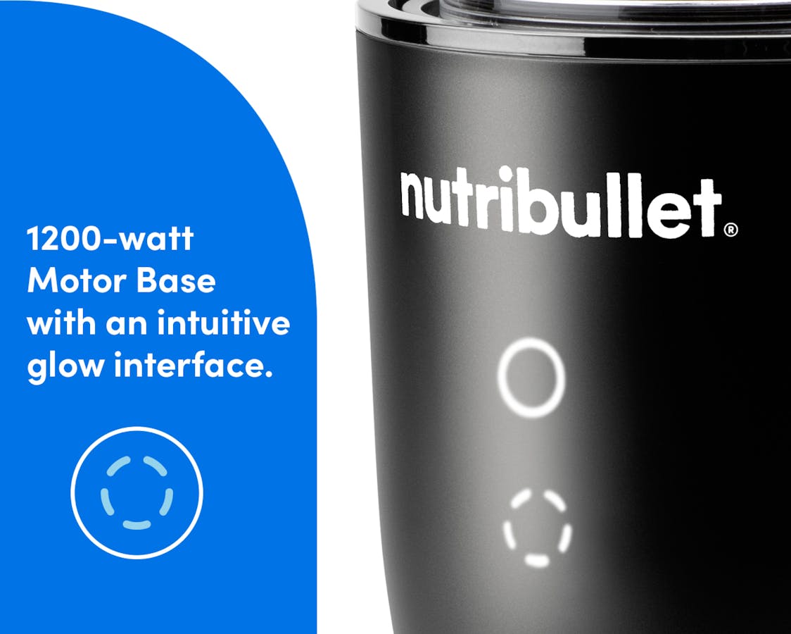 Close-up of the nutribullet Ultra Plus base with logo, intuitive glowing interface. Text on the image reads: 1200-watt Motor Basr with an intuitive glow interface.