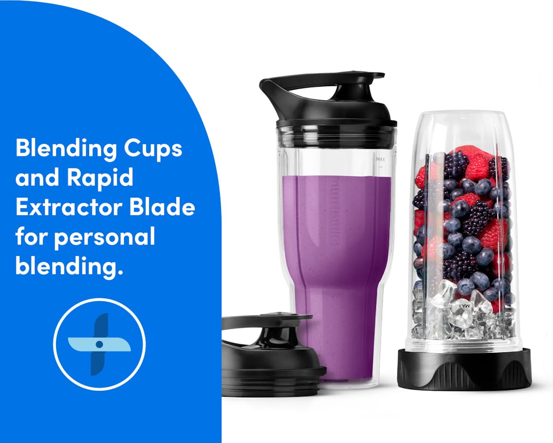 Two blending cups, one with a purple smoothie and another with berries and ice, on a white background. Blue section on the left with text and blender blade icon. Text on the image reads: Blending Cups and Rapid Extractor Blade for personal blending.