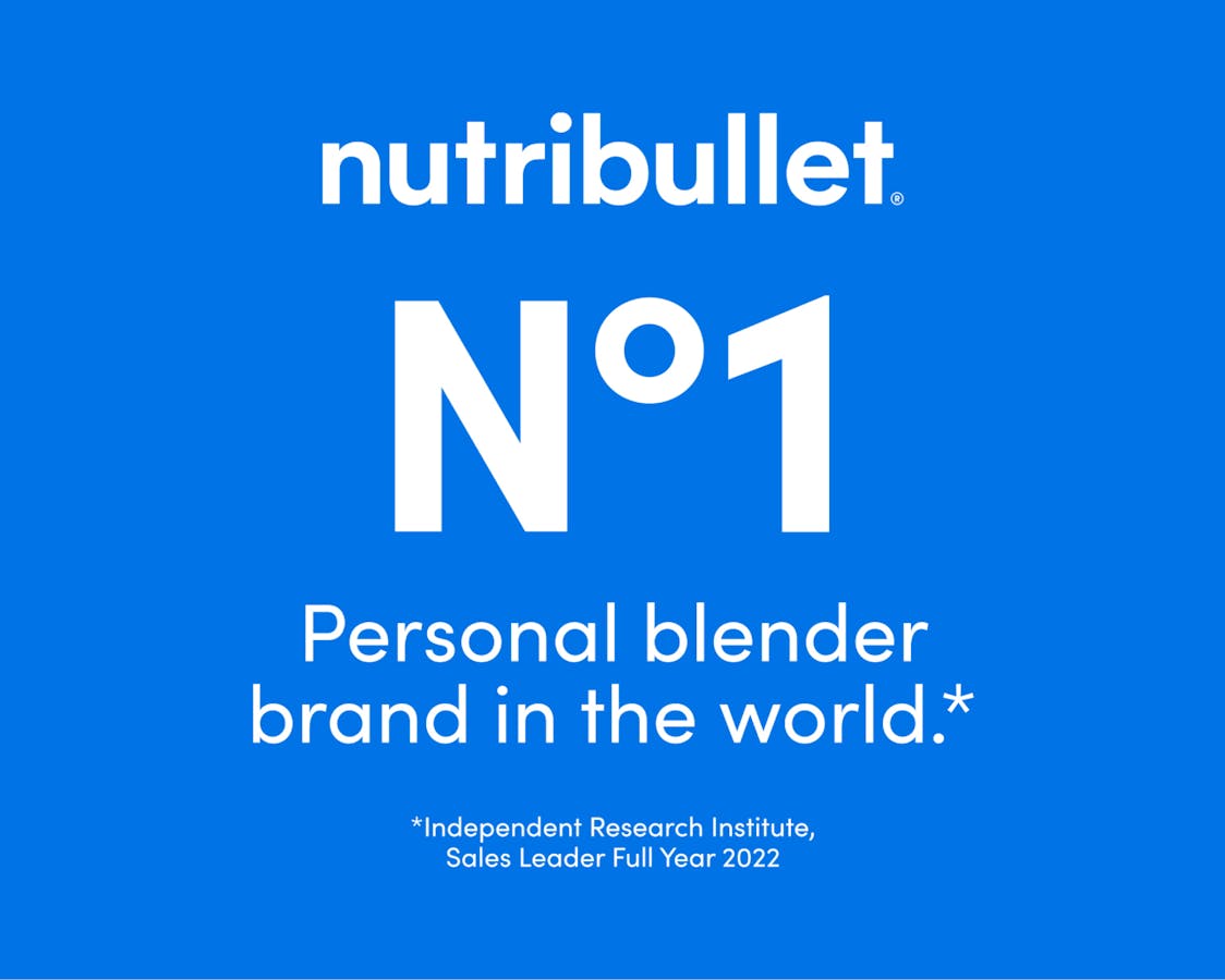 From nutribullet, the number 1 personal blender in the world. White text on a blue background reads: nutribullet - number one personal blender in the world*. Fine print reads: Independent Research Institute, Sales Leader Full Year 2022