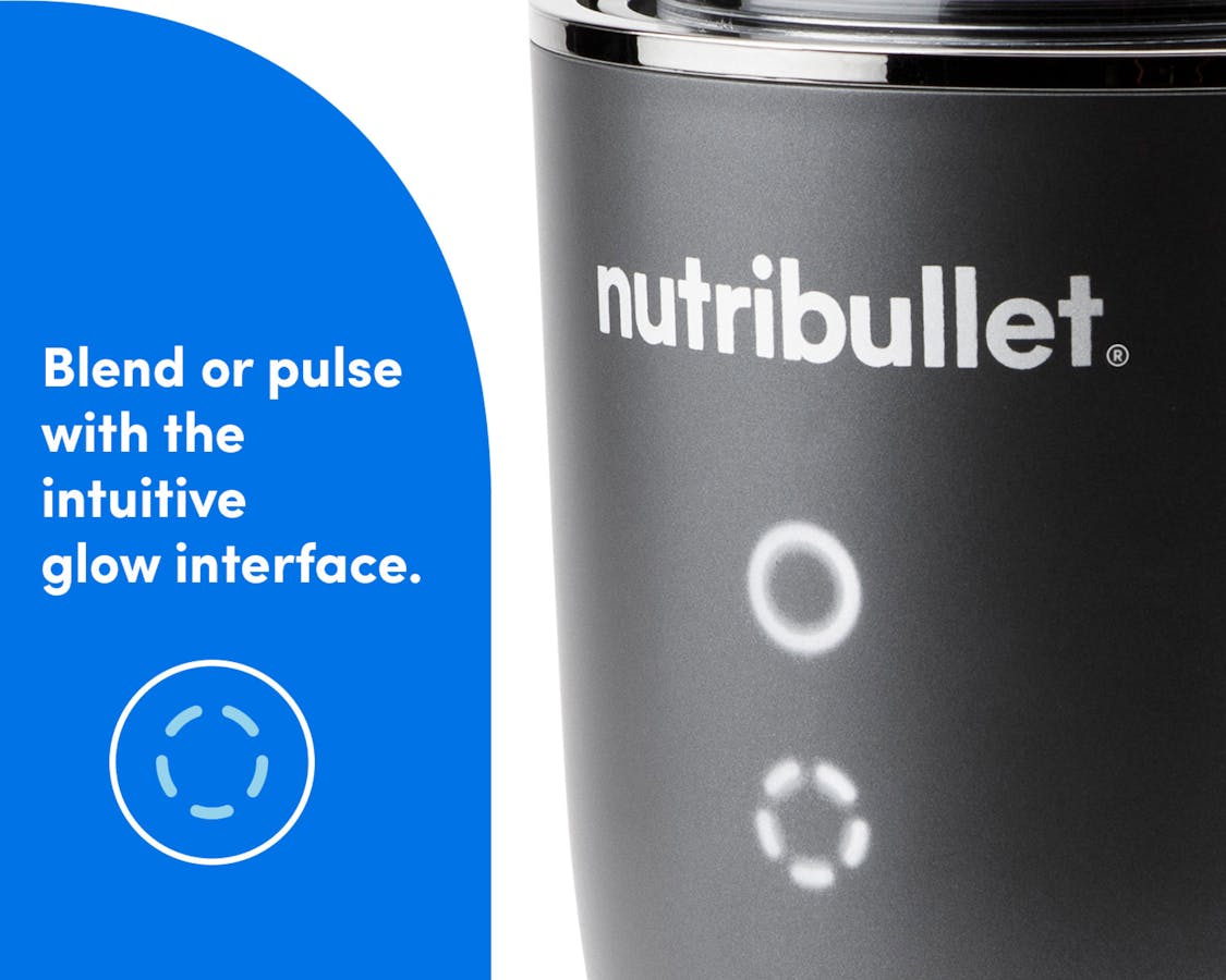 Illuminated interface. An even closer zoom-in of the illuminated power buttons on the face of the Ultra Motor Base. Text reads: blend or pulse with the illuminated glow interface.