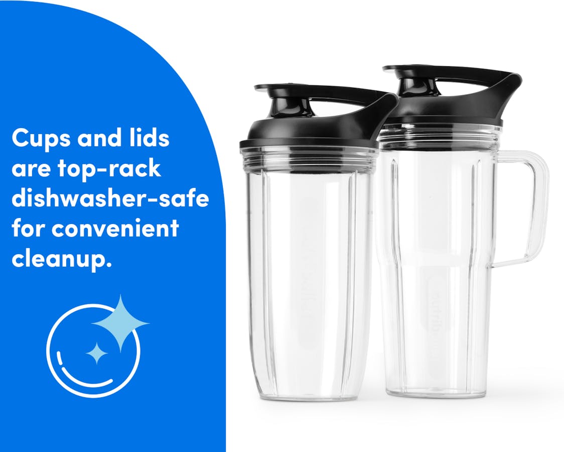 nutribullet Ultra Cups and To-Go Lids Image of the empty 24-oz Handled Cup and 32-oz Cup with To-Go Lids atatched on a white background. Text reads: Cups and lids are top-rack dishwasher-safe for convenient cleanup.