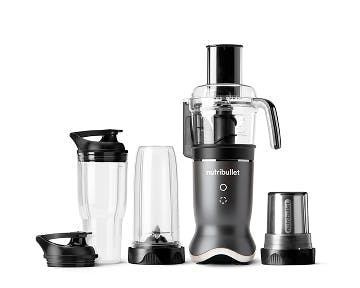 Black nutribullet kitchen system with multiple containers on white background