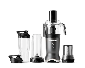 Black nutribullet kitchen system with multiple containers on white background