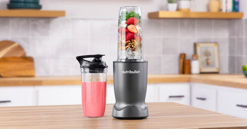 nutribullet Pro personal blender and pink smoothie