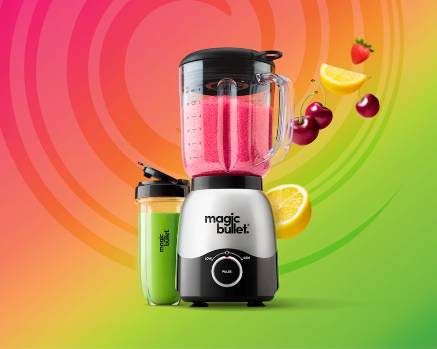 magic bullet Combo Blender filled with smoothie on a colorfull background