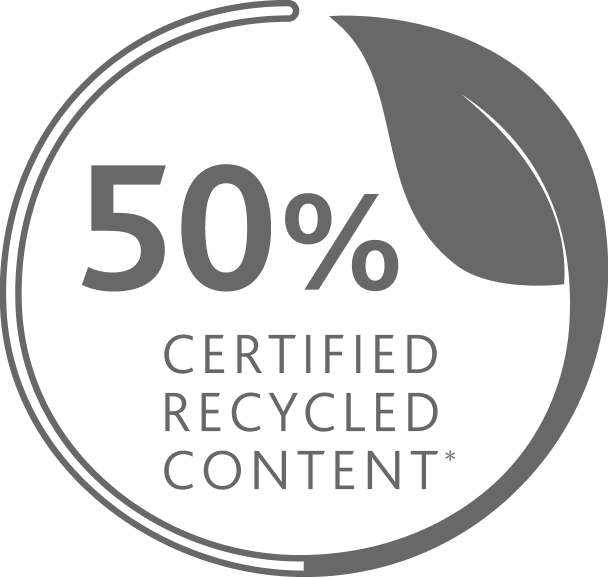 Leaf circle icon with 50% certified recycled content text.