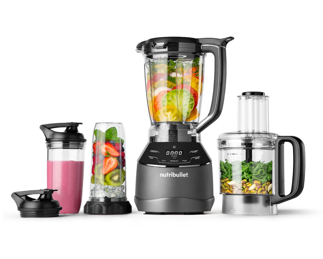 nutribullet Triple Prep System filled separately with fruits, vegetables, nuts, ice and smoothie