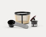 Product preview 7 of 7. Thumbnail of coffee ground scoop, brew basket, and pod holder on white background.