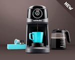 Product preview 1 of 7. Thumbnail of NEW machine making coffee in blue mug with full carafe, pods beside it.