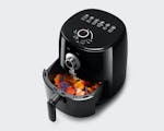 Product preview 4 of 9. Thumbnail of black air fryer with fry pot open and colorful chips inside on white background.