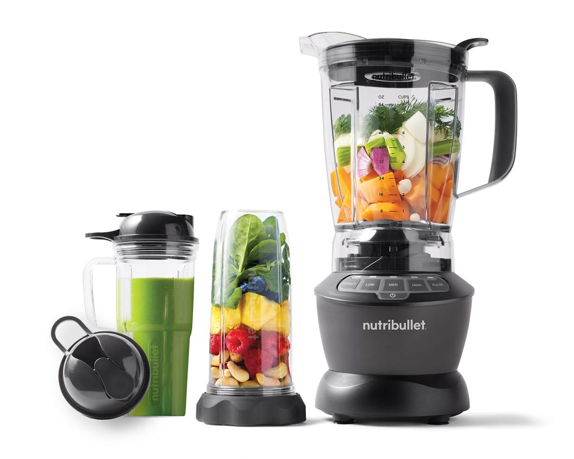nutribullet Blender Combo with 32 oz cup, 24 oz handled cup and to-go lids on white background.