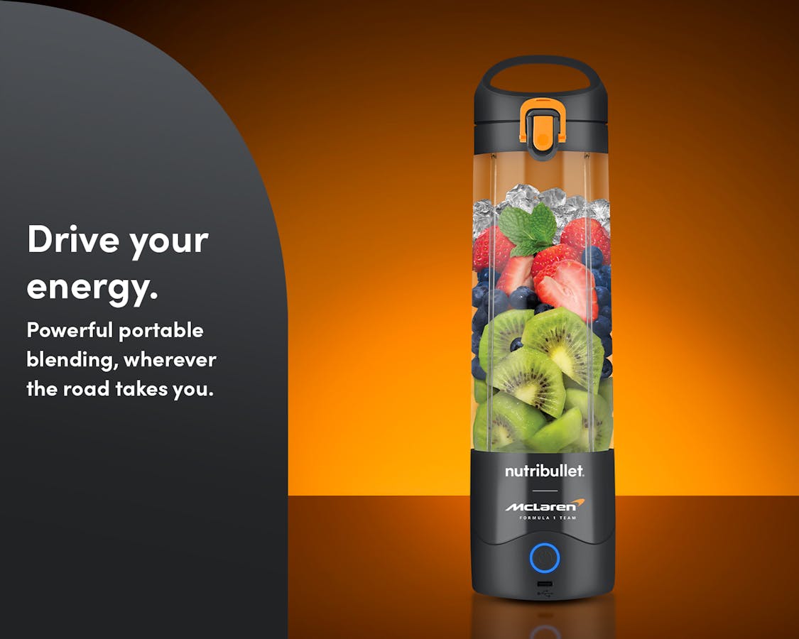 The nutribullet® x McLaren: Portable Blender with fresh fruit on an orange-black background. A gray panel reads "Drive your energy".