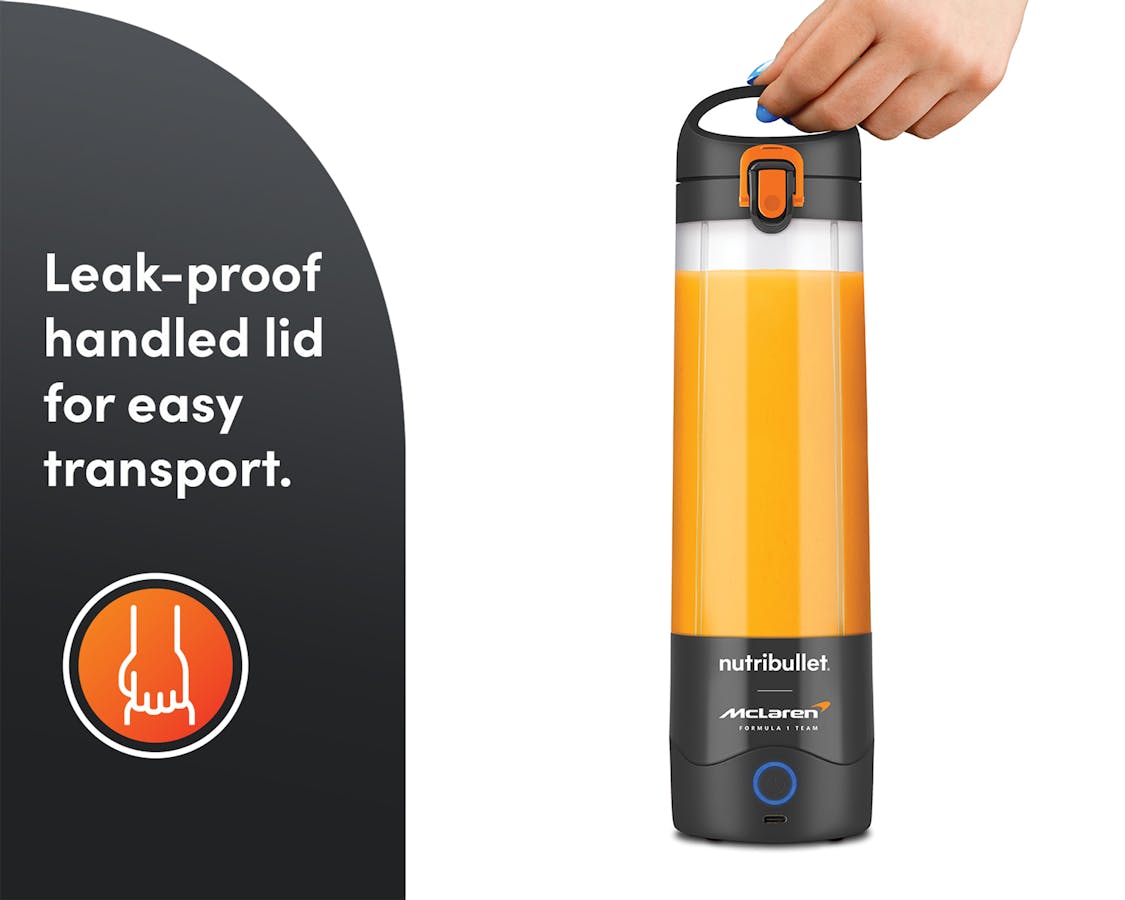 Hand holding the nutribullet® x McLaren: Portable from above. A gray panel reads "Leak-proof handled lid for easy transport" with an icon below.
