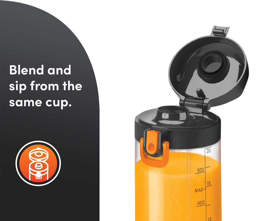 Closeup of the nutribullet® x McLaren: Portable open lid. A gray panel on the left reads "Blend and sip from the same cup" with a corresponding icon below.