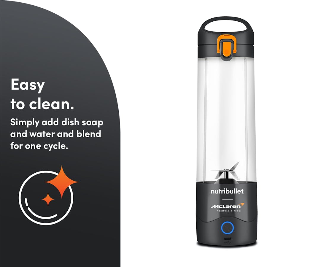 The gray nutribullet® x McLaren: Portable Blender on a white background. A gray panel on the left reads "Easy to clean" with a corresponding icon below.