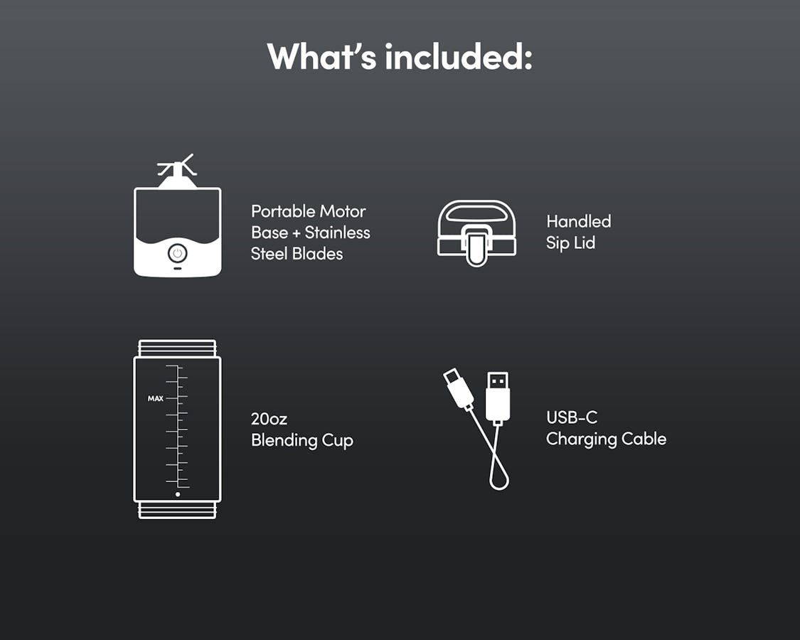 Text reading "What's included" at the top with four illustrated blender features and brief descriptions against a gray background.