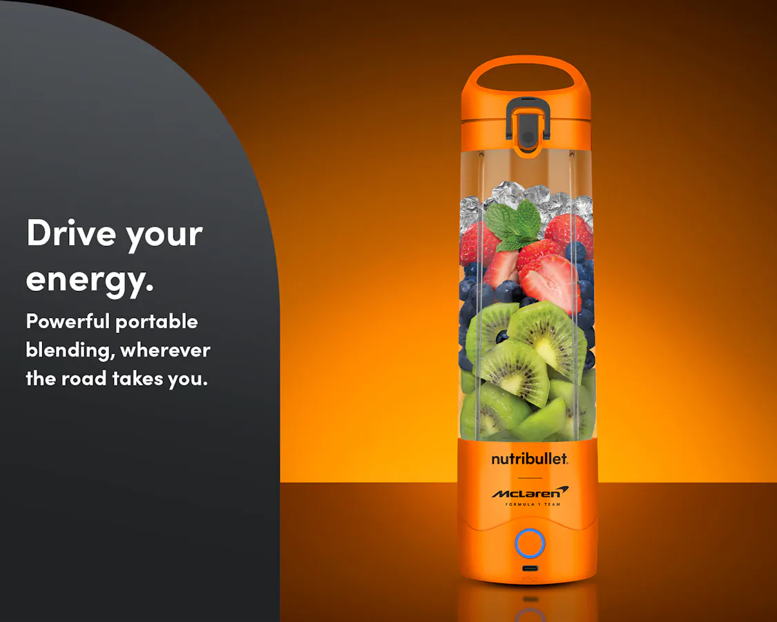 The nutribullet® x McLaren: Portable Blender with fresh fruit on an orange-black background. A gray panel reads "Drive your energy".