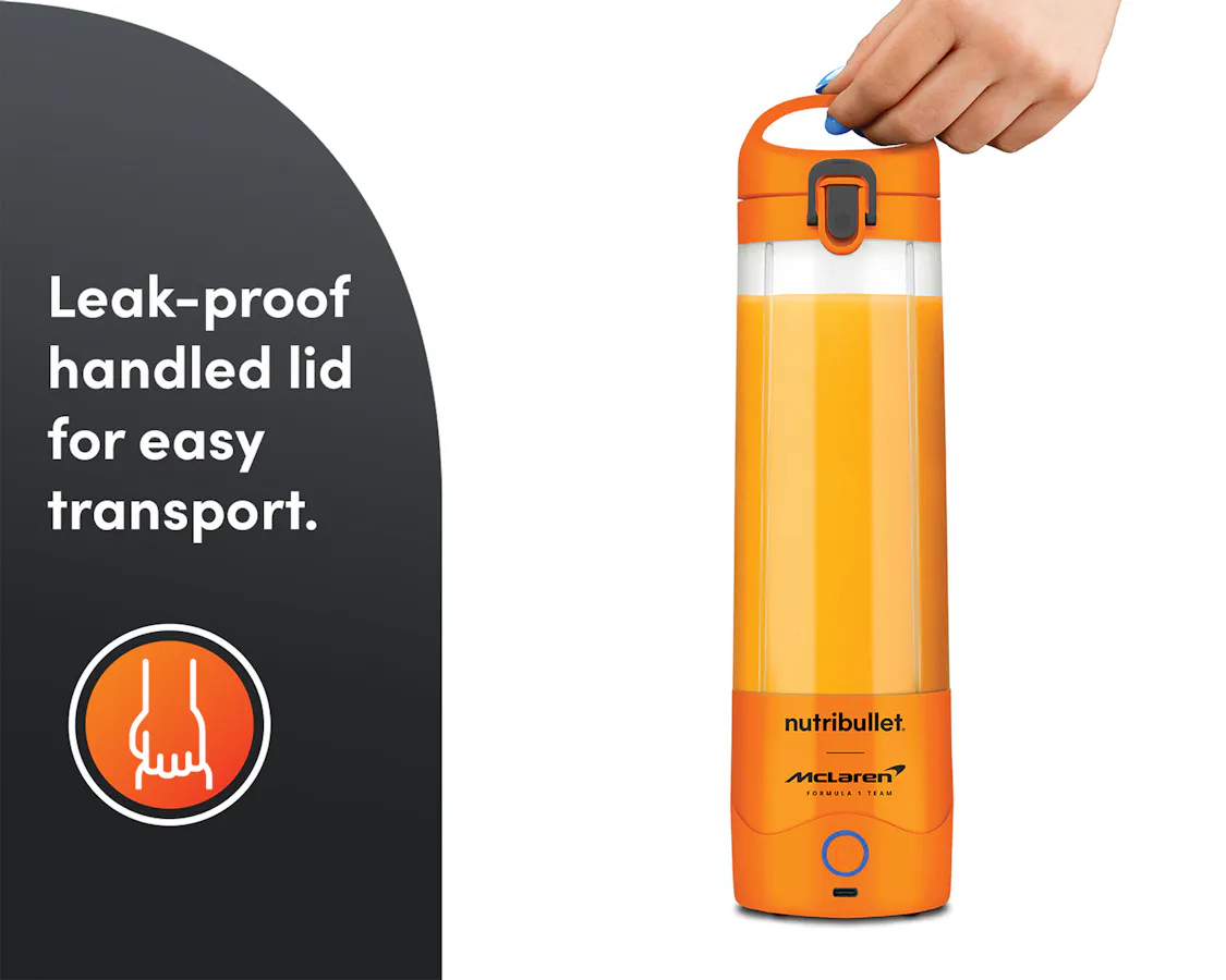 Hand holding the nutribullet® x McLaren: Portable from above. A gray panel reads "Leak-proof handled lid for easy transport" with an icon below.