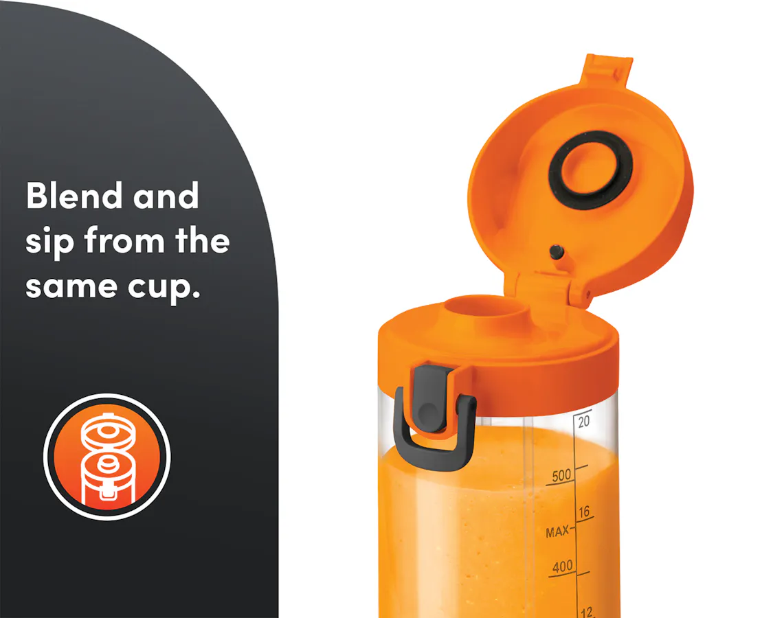 Closeup of the nutribullet® x McLaren: Portable open lid. A gray panel on the left reads "Blend and sip from the same cup" with a corresponding icon below.