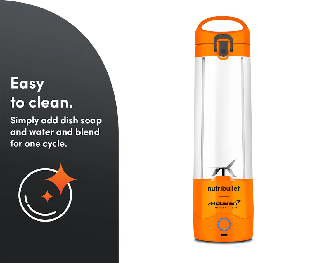 The papaya nutribullet® x McLaren: Portable Blender on a white background. A gray panel on the left reads "Easy to clean" with a corresponding icon below.