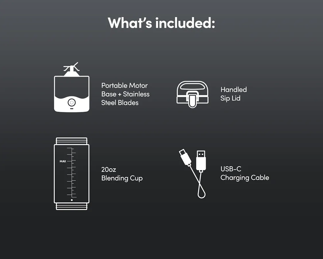Text reading "What's included" at the top with four illustrated blender features and brief descriptions against a gray background.