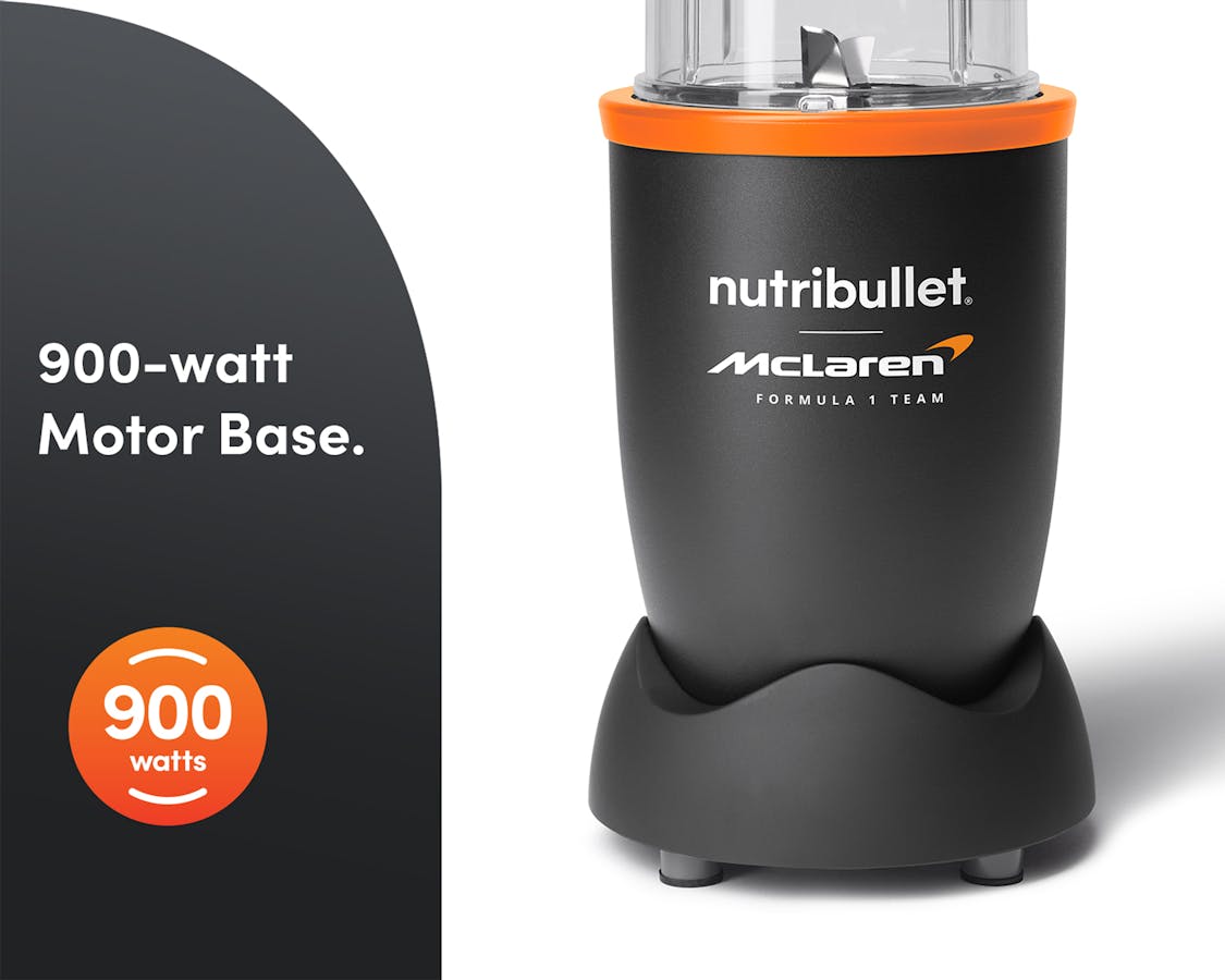 nutribullet® x McLaren: Pro closeup on a white background. A gray panel on the left reads "900-watt Motor Base" with a corresponding icon below.