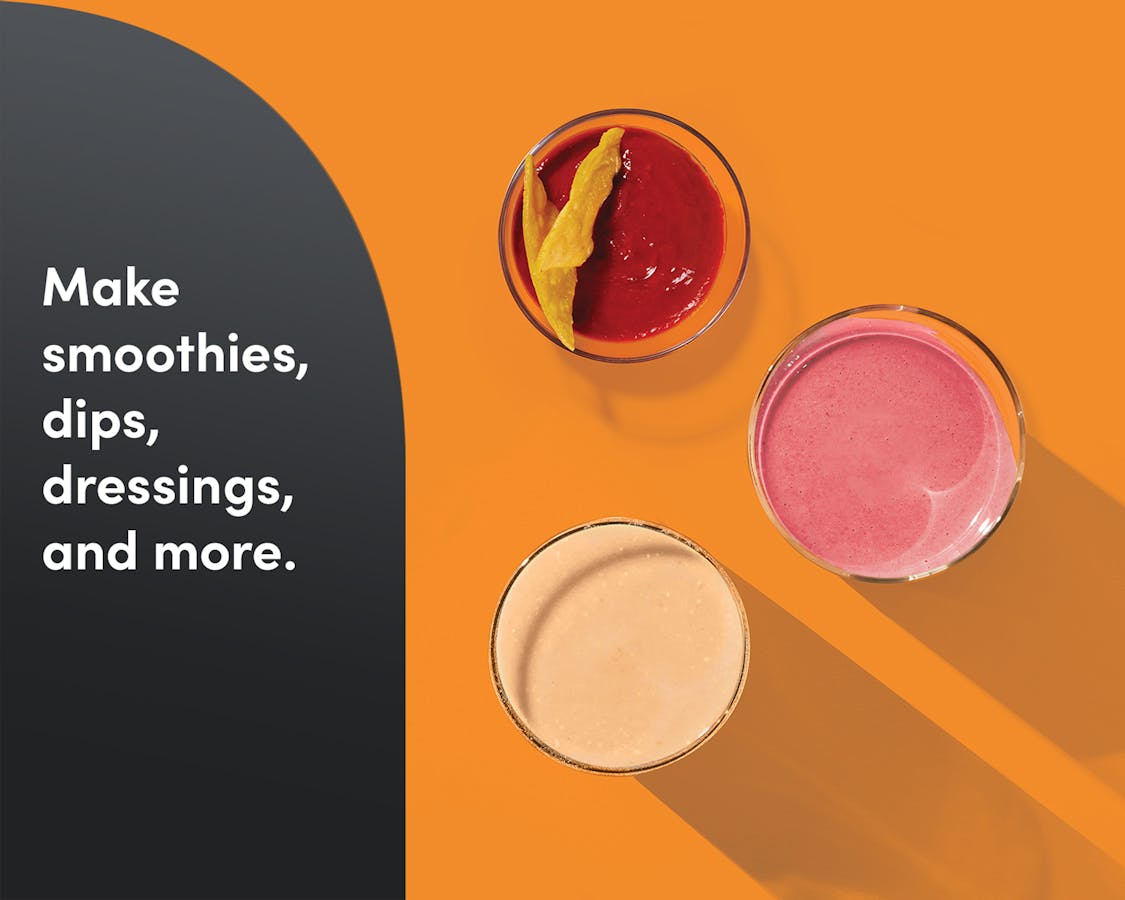 Top view of three glasses with pink, red and light-orange liquids. A gray panel on the left reads "Make smoothies, dips, dressings, and more."