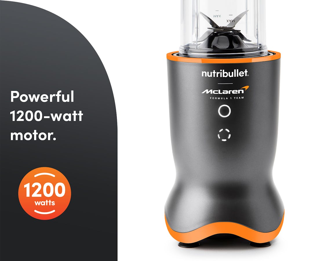 nutribullet® x McLaren: Ultra closeup on a white background. A gray panel on the left reads "Powerful 1200-watt motor" with a corresponding icon below.