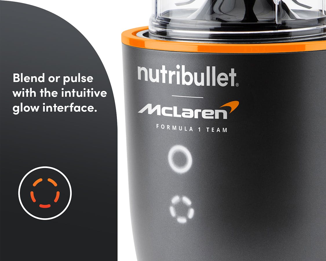 Closeup of the nutribullet® x McLaren: Ultra interface. A gray panel reads "Blend or pulse with the intuitive glow interface" with an icon below.