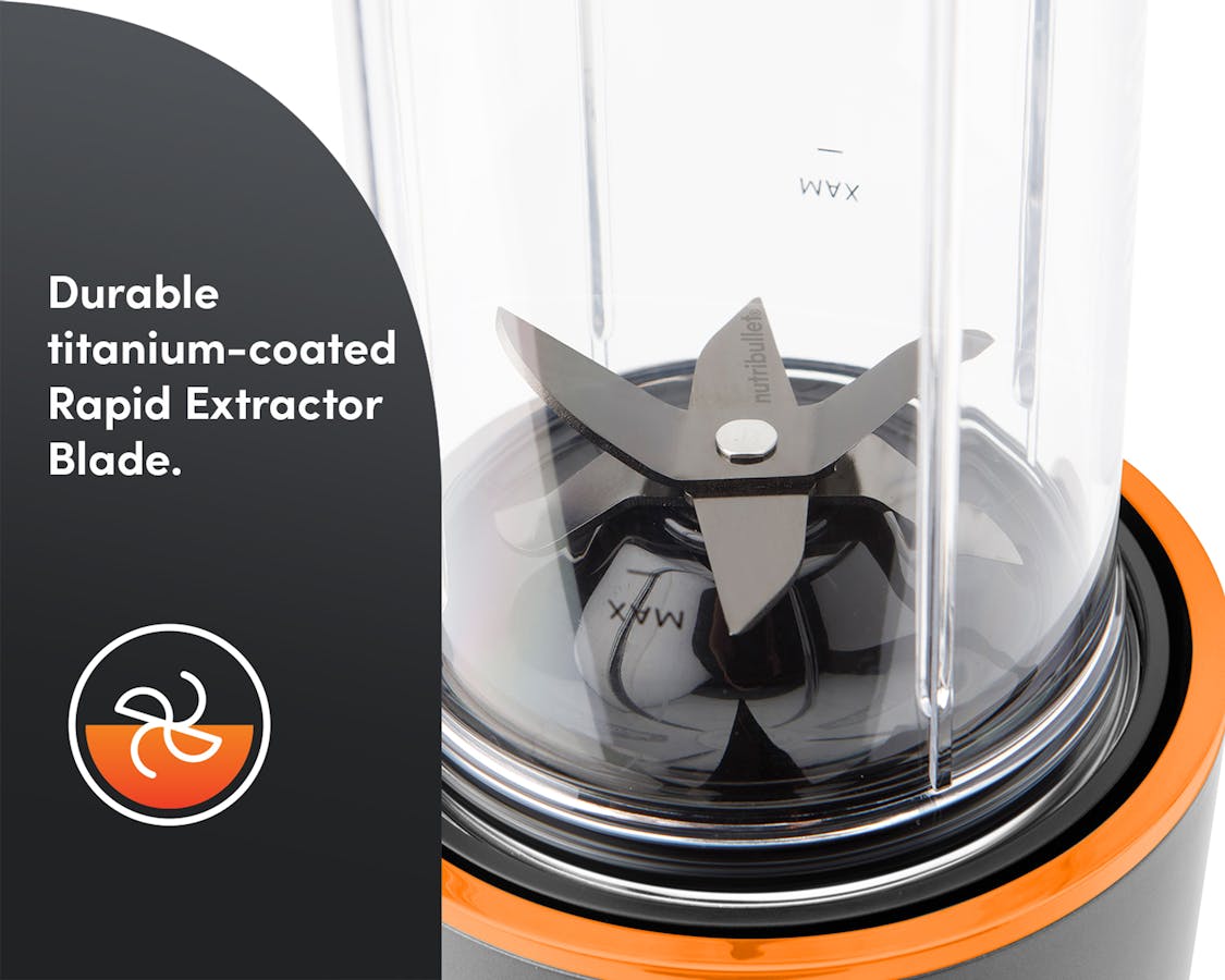 Closeup of the nutribullet® x McLaren: Ultra blades. A panel on the left reads "Durable titanium-coated Rapid Extractor Blade" with an icon below.