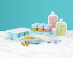 Product preview 2 of 9. Thumbnail nutribullet Baby pouches, spoons, freezer cups and storage cups with food on teal background.