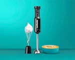 Product preview 1 of 6. Thumbnail of black blender whisk attachment with cream on tip next to handle with recipe in bowl on blue background.