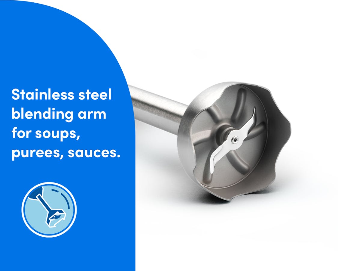 Stainless Steel Blending Arm Close-Up A close-up of the stainless steel blending arm designed for soups, purees, and sauces, highlighting its durable blade structure.