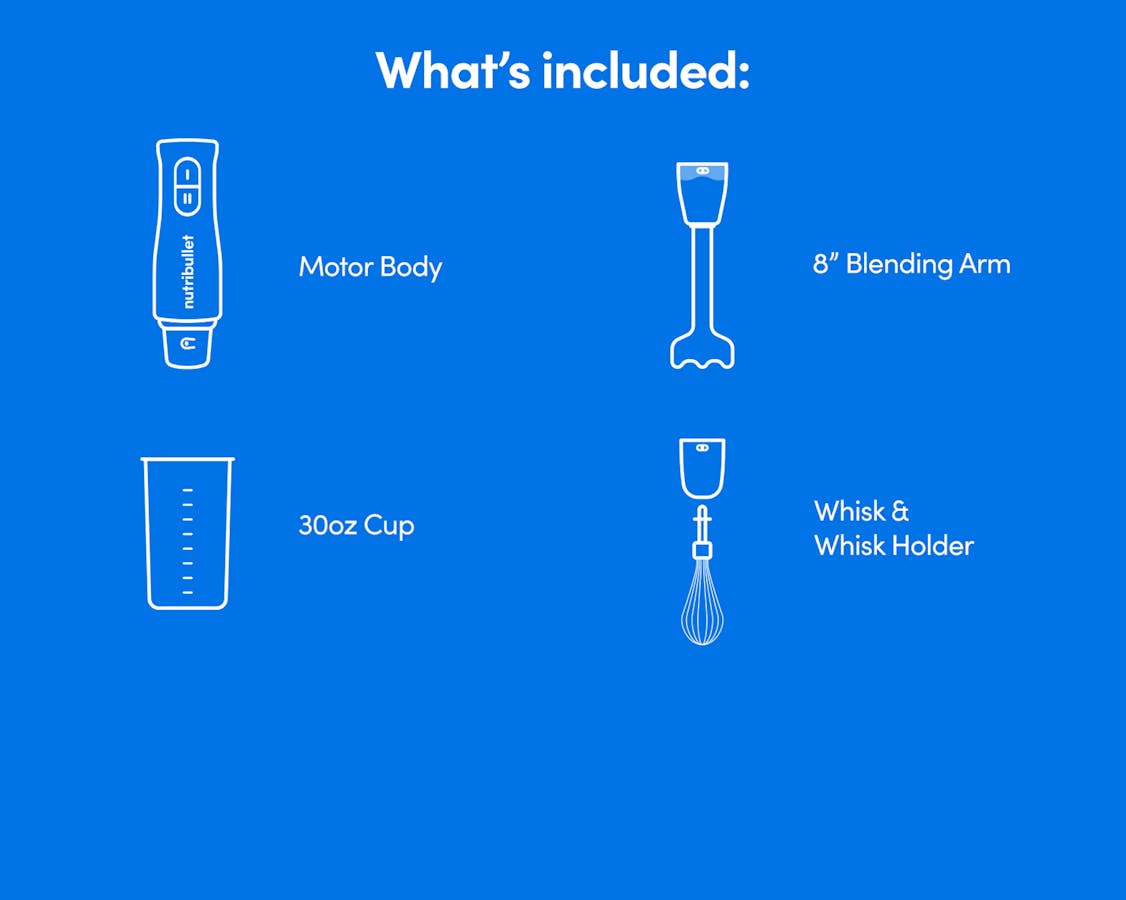 What’s Included in the Box A diagram listing included parts: motor body, 8-inch blending arm, 30-ounce cup, and whisk with holder.
