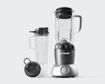 Product preview 6 of 9. Thumbnail nutribullet pitcher, handled cup, pitcher lid with lid cap on grey background.